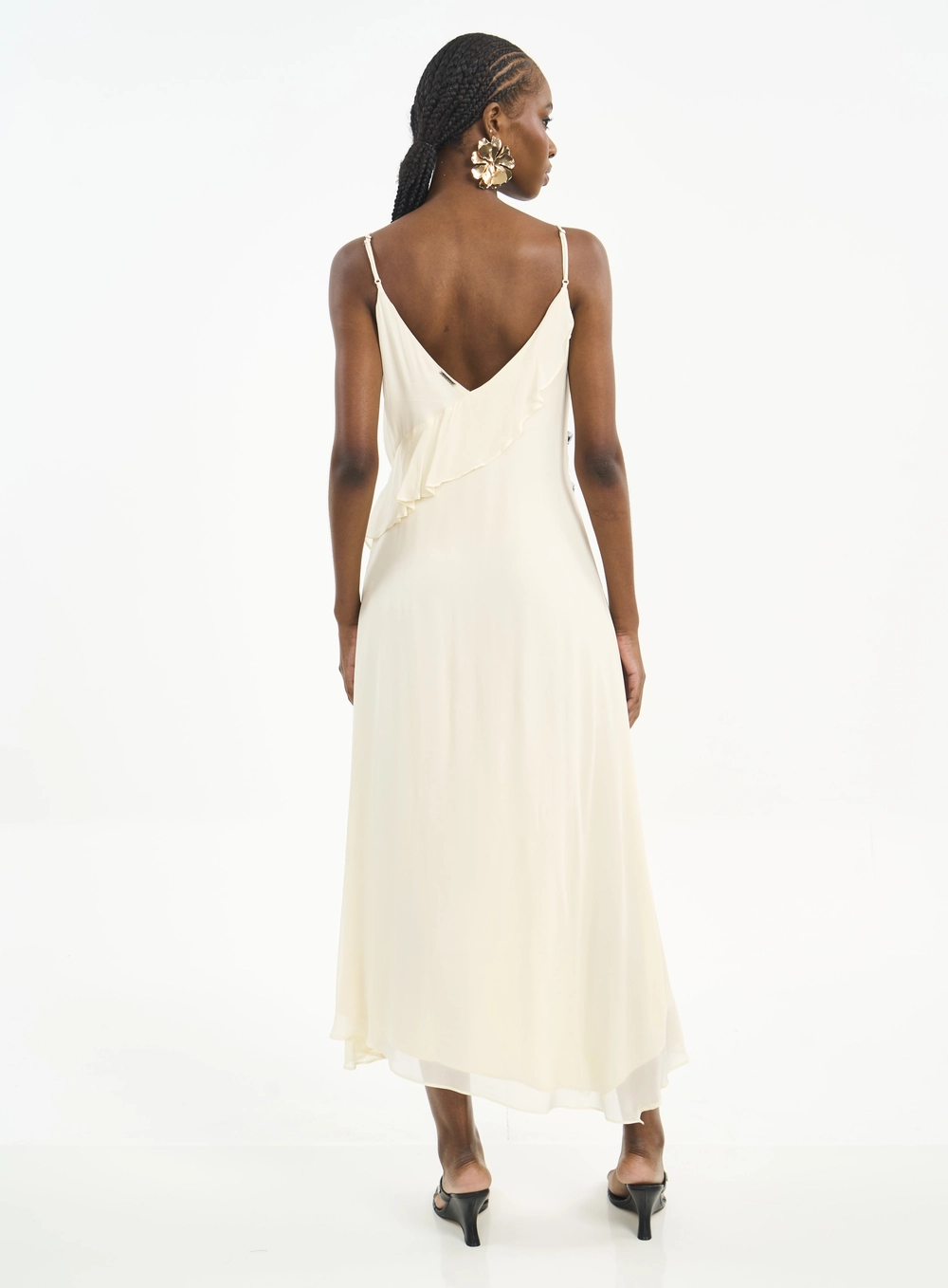 Vestido Longo Com Renda E Babados Bege