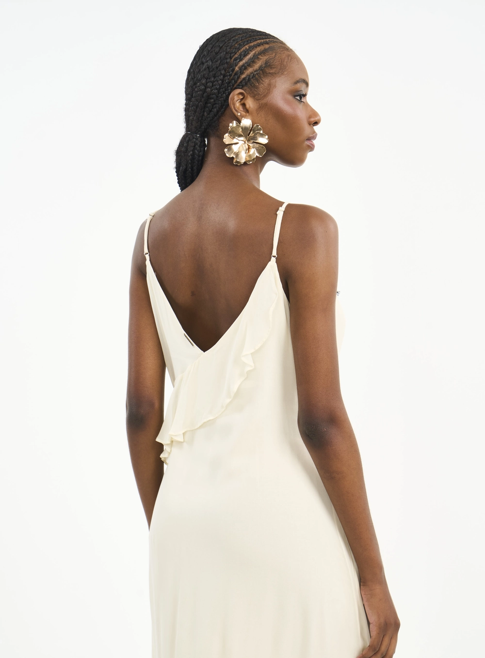 Vestido Longo Com Renda E Babados Bege