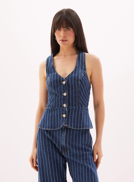 Colete Feminino Jeans Listrado - Slim