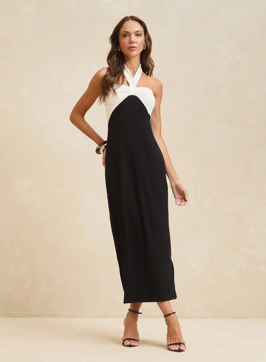 Vestido Midi Canelado Bicolor PRETO 1