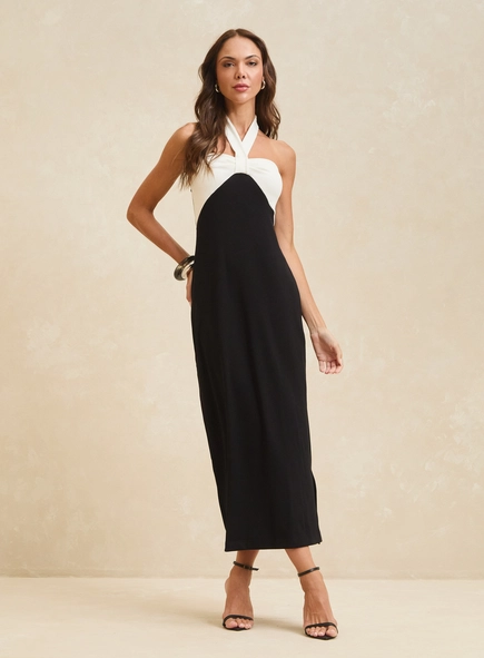 Vestido Midi Canelado Bicolor