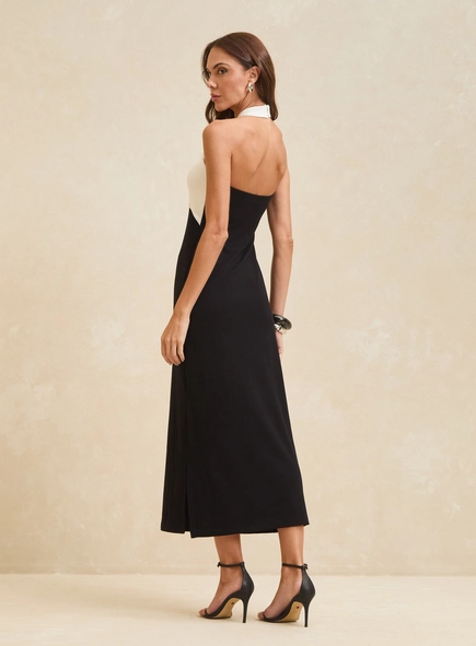 Vestido Midi Canelado Bicolor