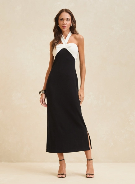 Vestido Midi Canelado Bicolor