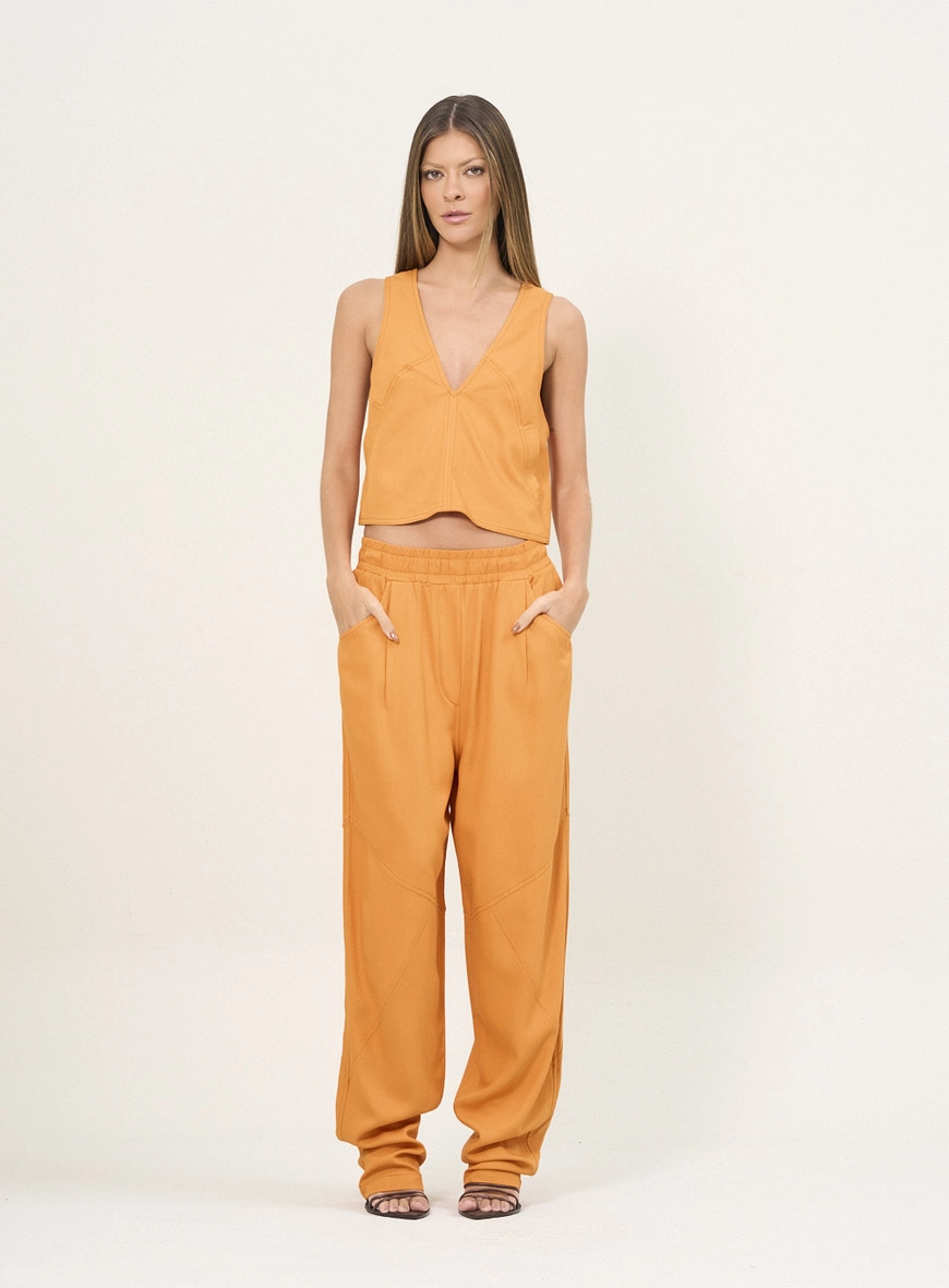 Calça Feminina Com Cós Elástico E Bolsos Laranja 1