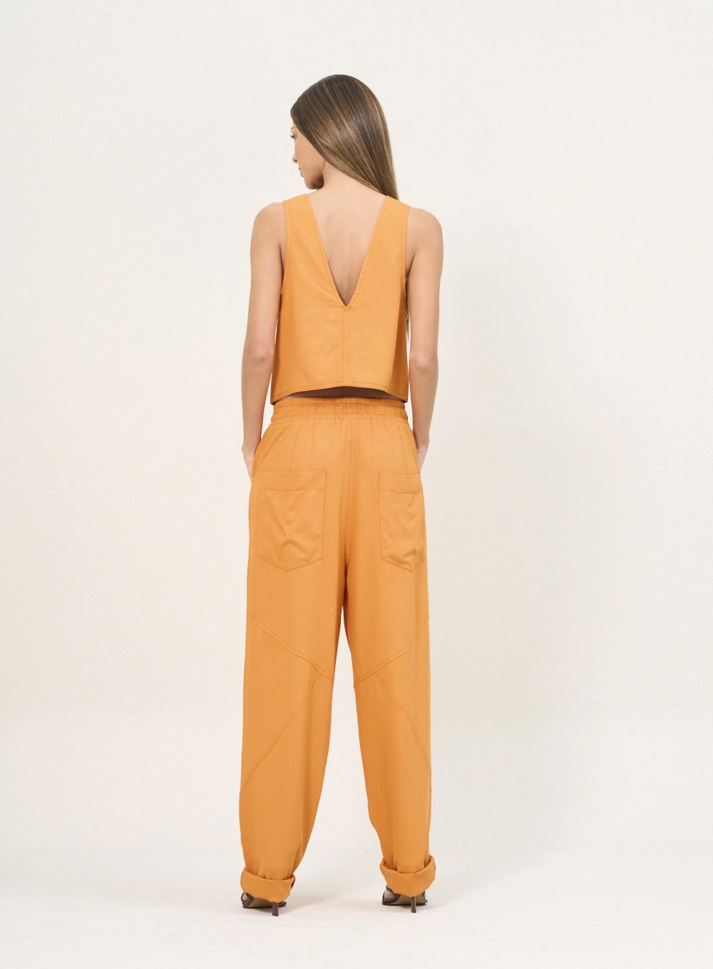 Calça Feminina Com Cós Elástico E Bolsos Laranja 2