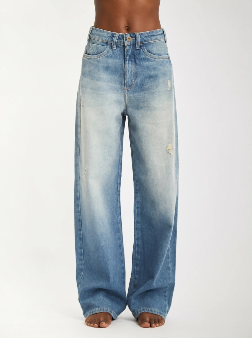 Calça Jeans Feminina Baggy Com Bolsos Índigo 1