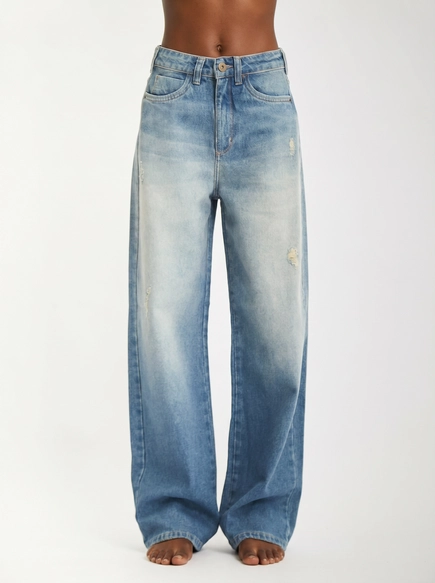 Calça Jeans Feminina Baggy Com Bolsos