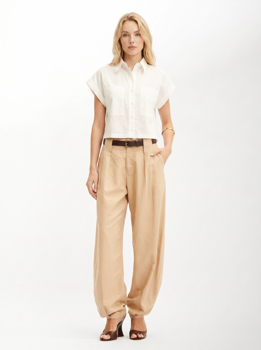 Calça Feminina Ballon Com Cinto Bege 3