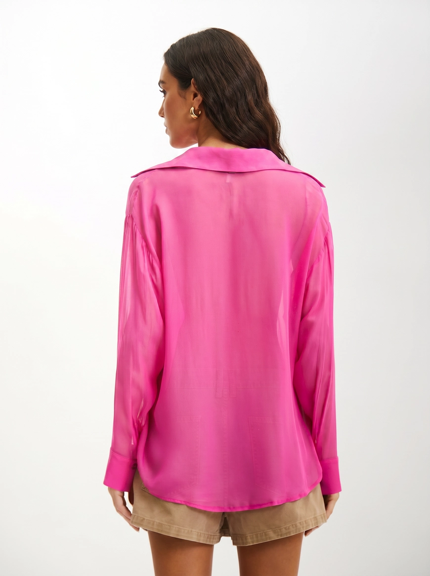 Camisa Feminina Oversized Manga Longa Fluida Rosa 2