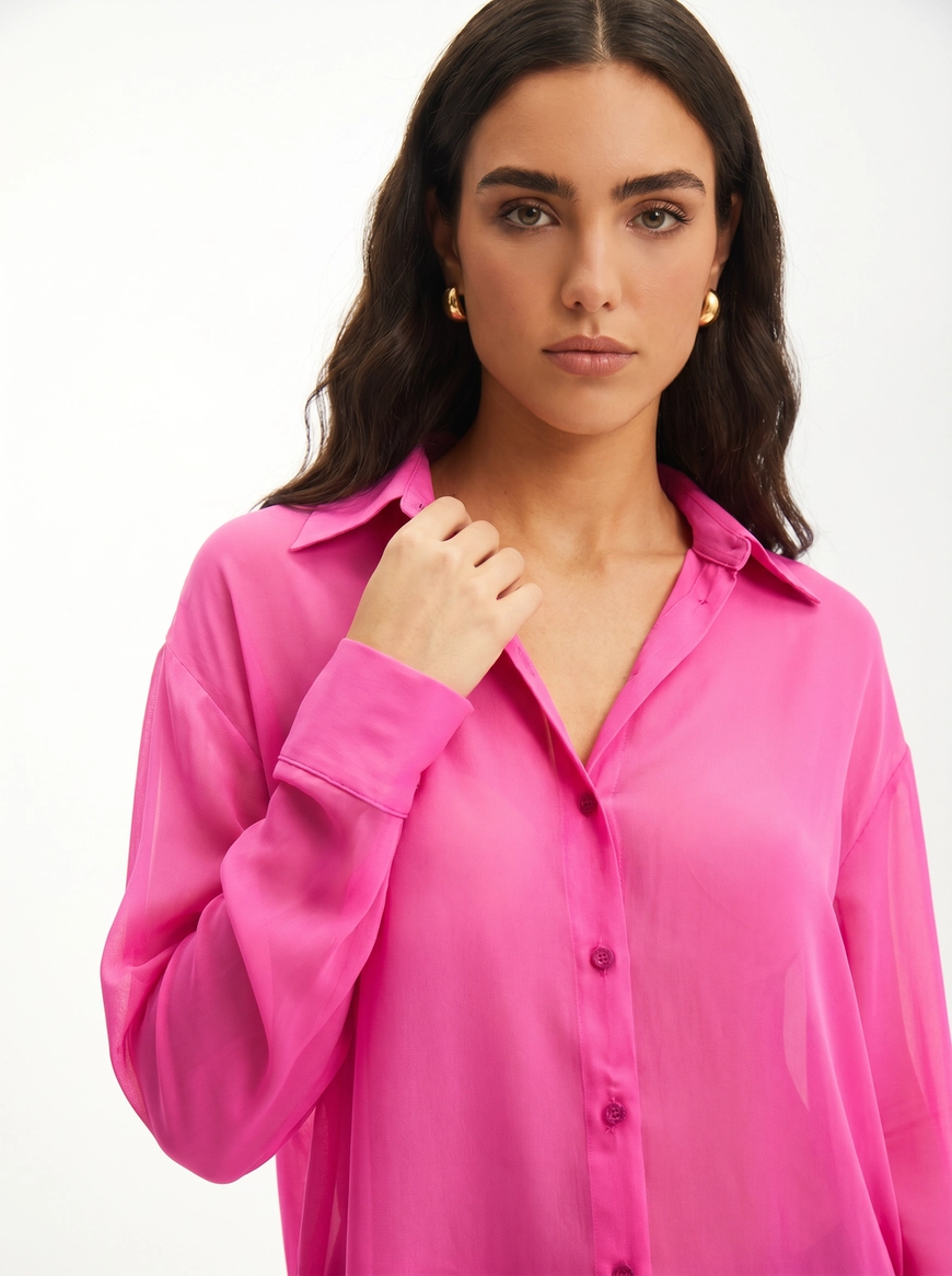 Camisa Feminina Oversized Manga Longa Fluida Rosa 4