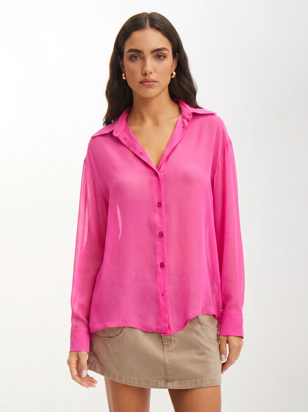 Camisa Feminina Oversized Manga Longa Fluida Rosa 1