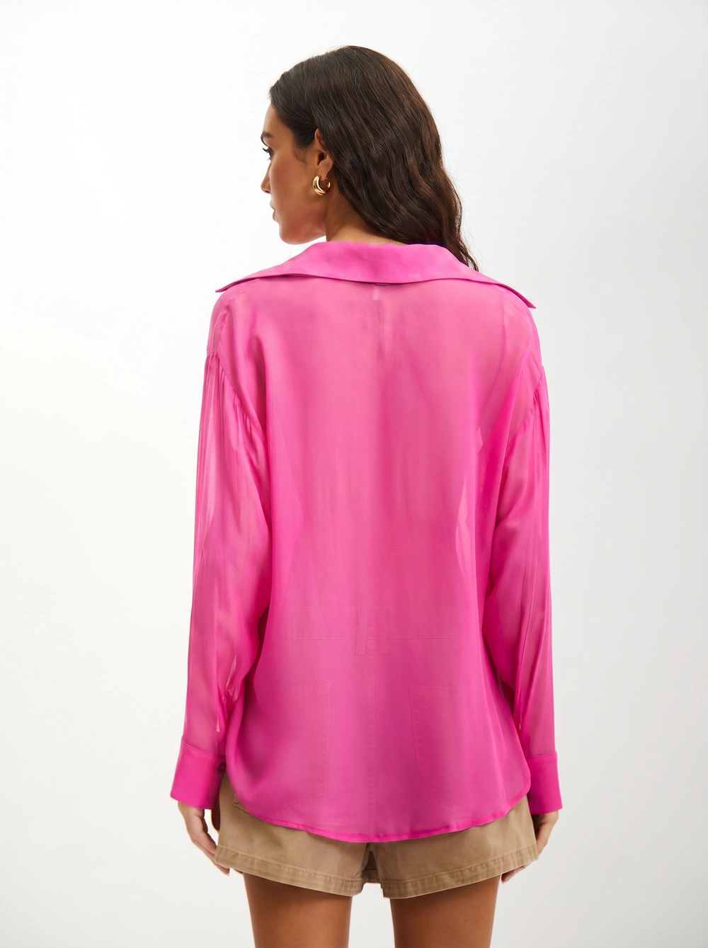 Camisa Feminina Oversized Manga Longa Fluida Rosa 2