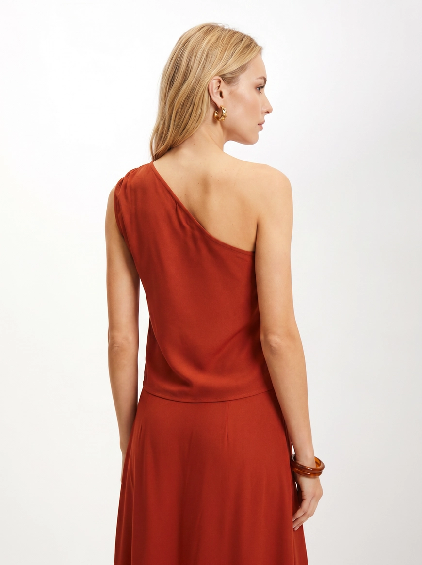 Blusa Feminina Uma Manga Só Com Amarração Laranja 2