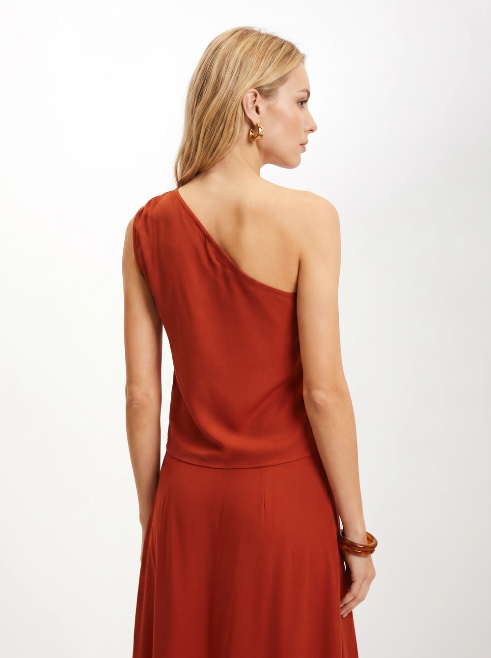 Blusa Feminina Uma Manga Só Com Amarração Laranja 2