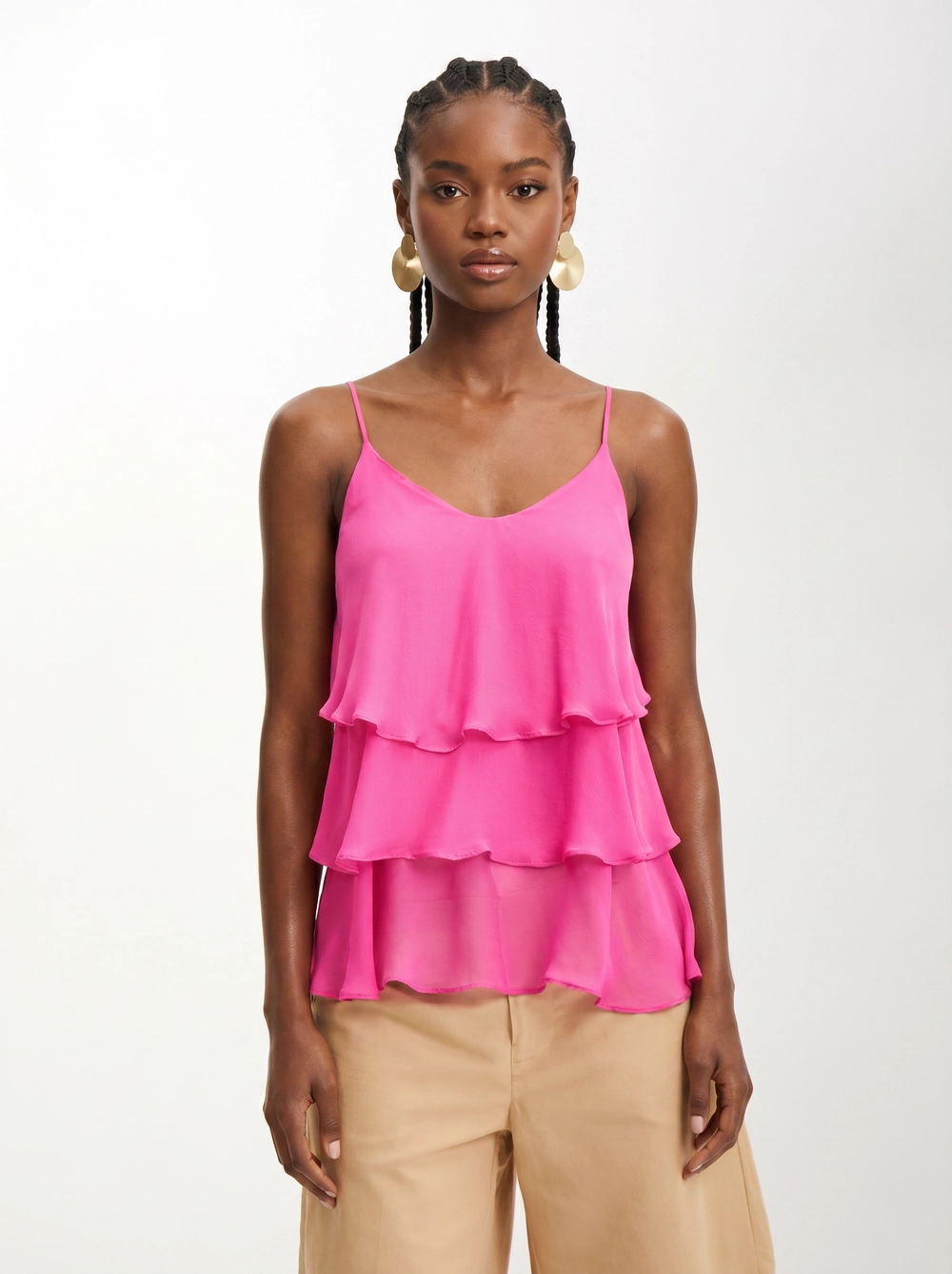 Blusa Feminina Ampla Alças Finas Com Babados Rosa 1