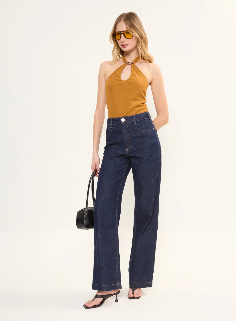 Calça Jeans Feminina Wide Leg Cintura Alta Índigo 1