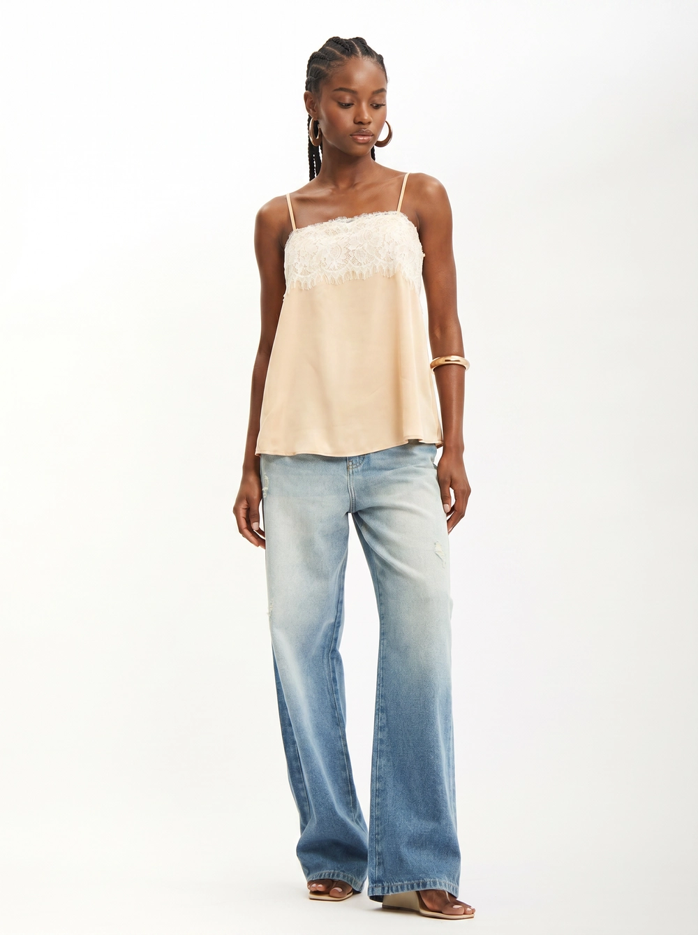 Blusa Mullet Peplum Com Decote Reto Com Renda Bege 3