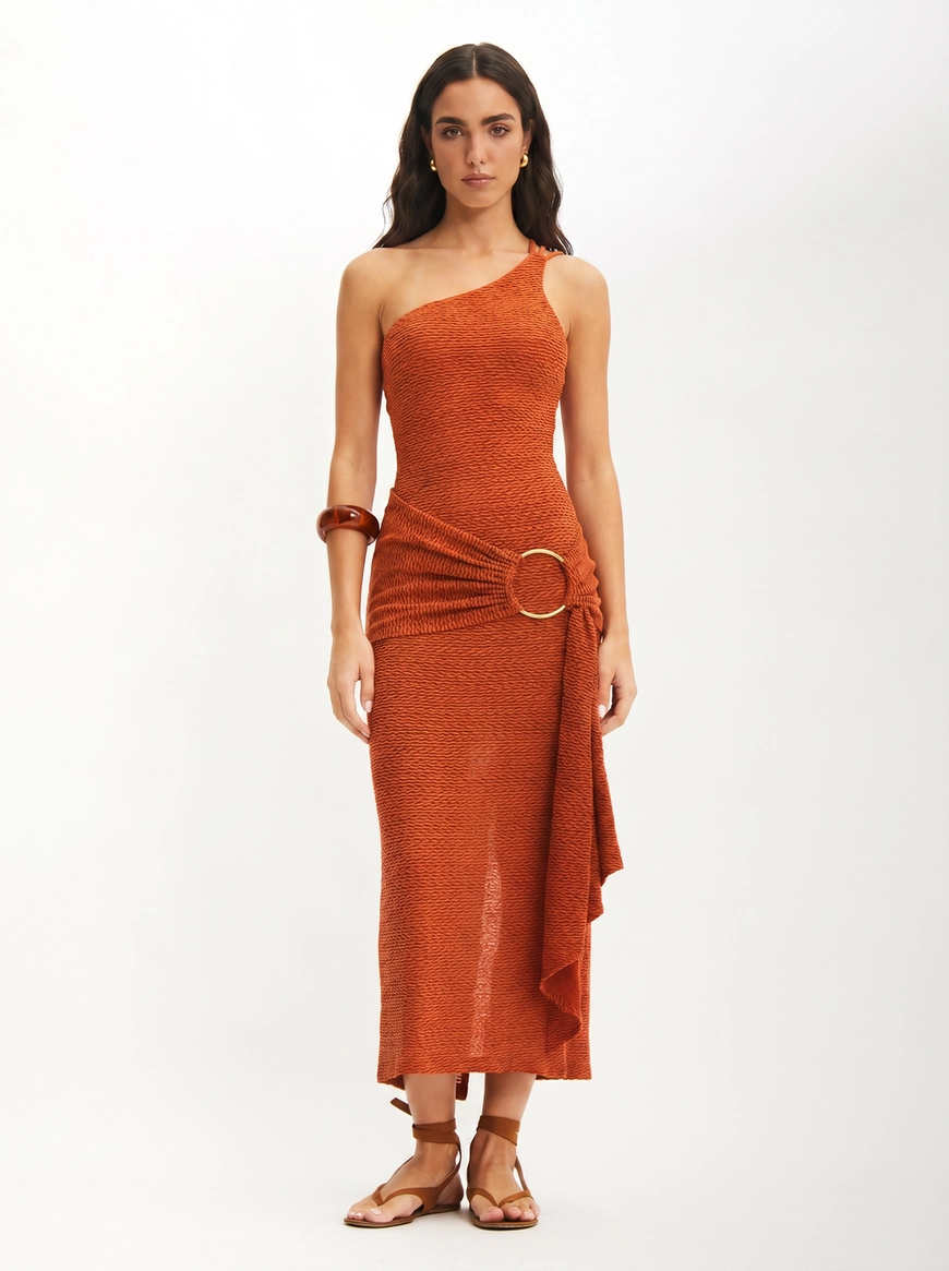 Vestido Midi Slim Com Drapeado Lateral E Argola Laranja 3