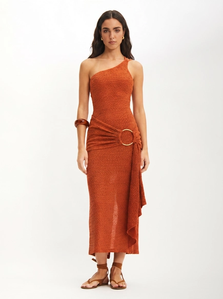 Vestido Midi Slim Com Drapeado Lateral E Argola