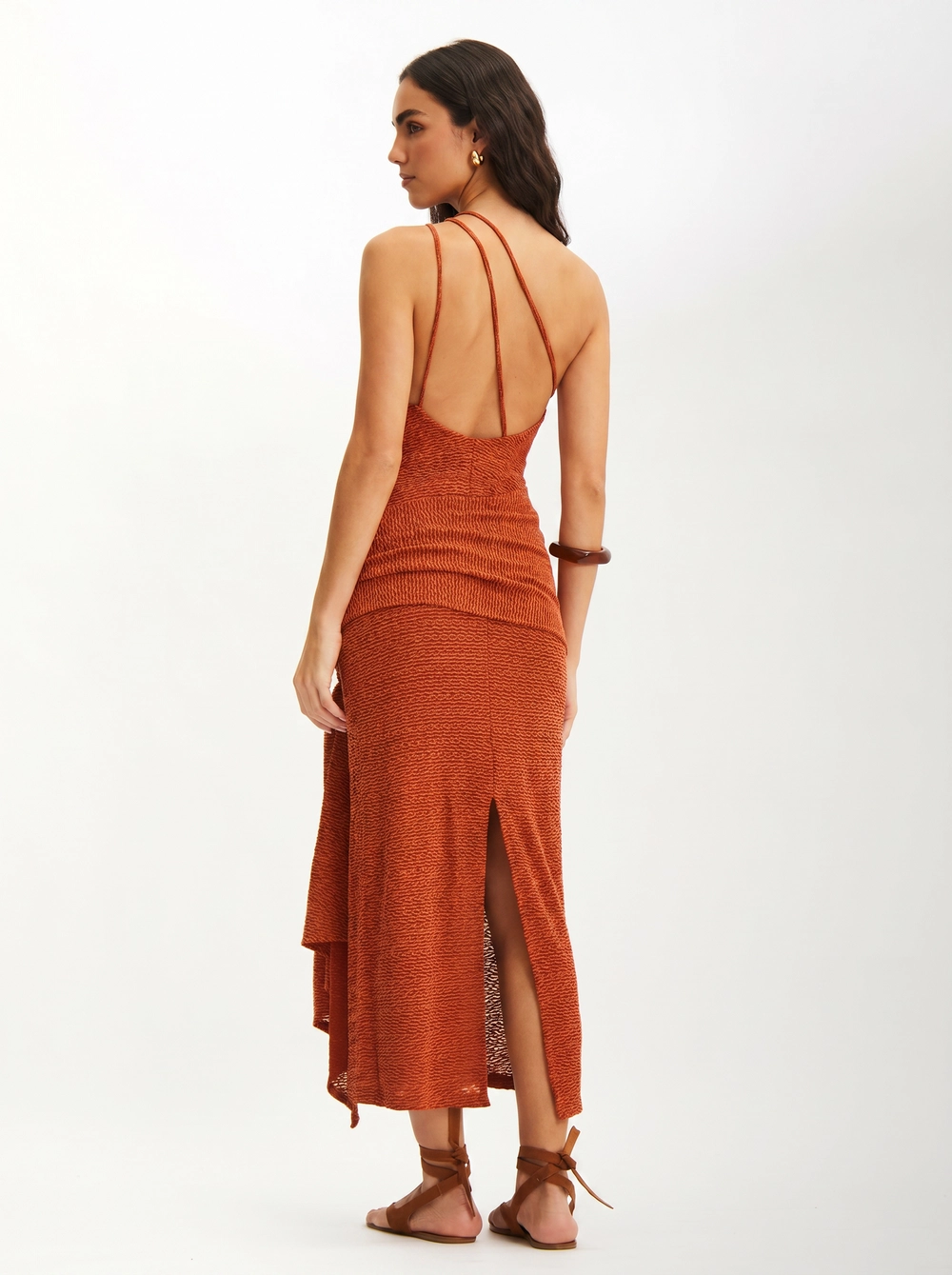 Vestido Midi Slim Com Drapeado Lateral E Argola Laranja 2