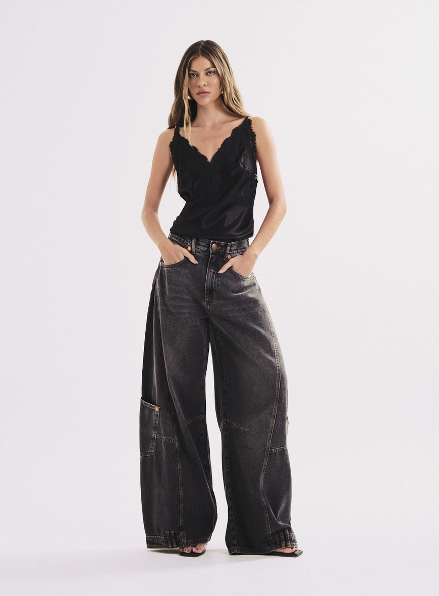 Calça Jeans Ballon Com Detalhes Feminina Indigo Preto 1