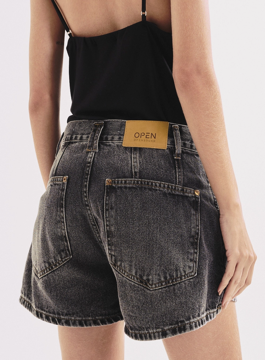 Short Jeans Wide Leg Com Detalhes Feminino Indigo Preto 2