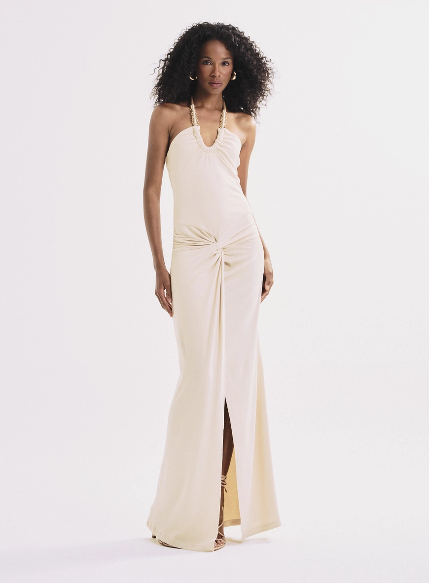 Vestido Feminino Longo Ajustado Com Amarração Bege 1