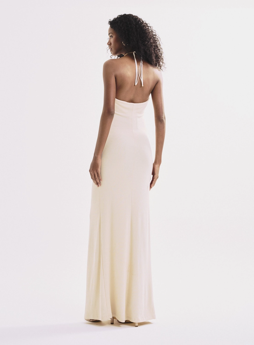Vestido Feminino Longo Ajustado Com Amarração Bege 2