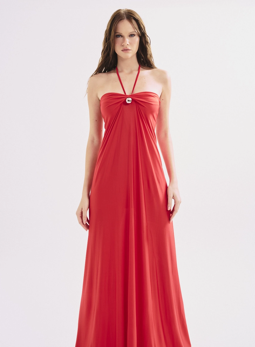 Vestido Feminino Longo Evasê Com Amarração Vermelho 4