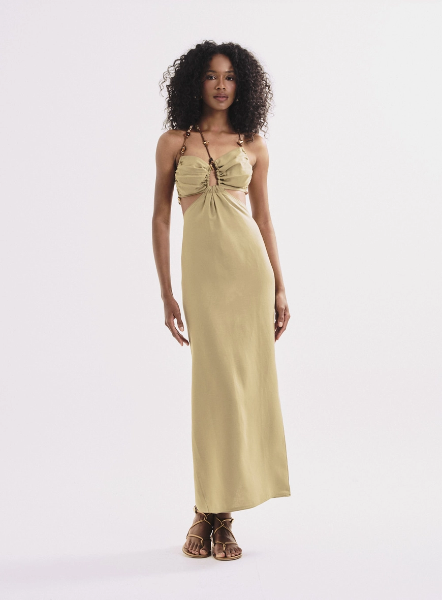 Vestido Midi Ajustado Costas Abertas E Amarração Verde 1