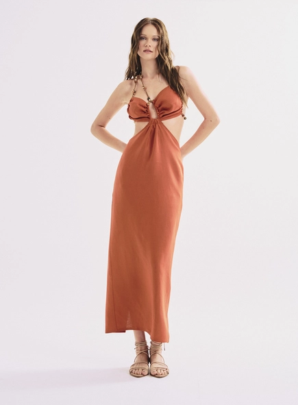 Vestido Midi Ajustado Costas Abertas E Amarração