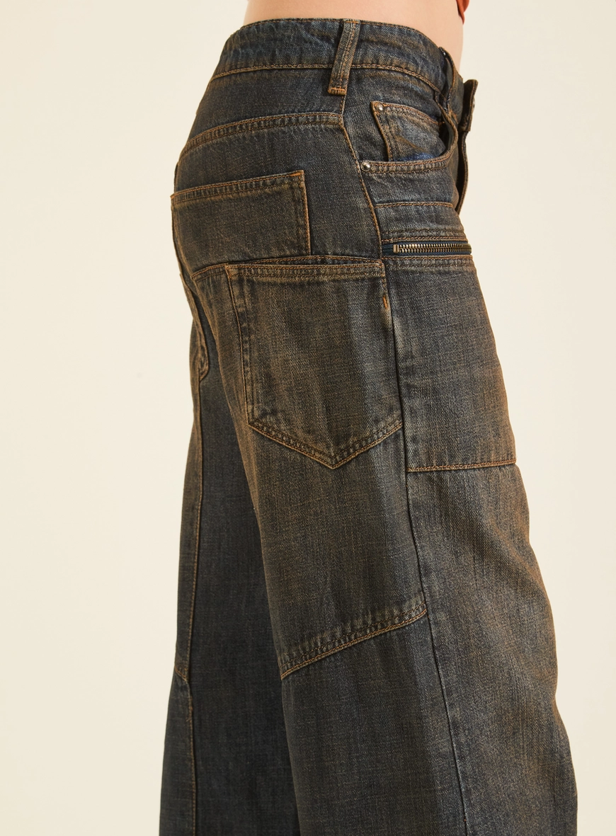 Calça Jeans Feminina Wide Leg Detalhes Bolsos Ayla Índigo