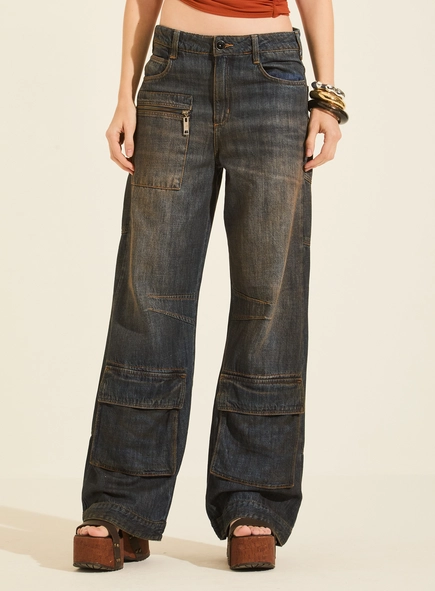 Calça Jeans Feminina Wide Leg Detalhes Bolsos Ayla