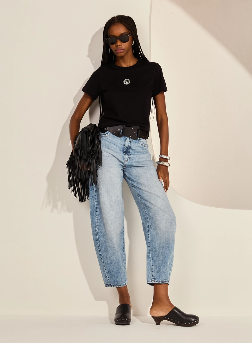 Calça Jeans Barrel Cropped Cintura Média Feminina Índigo