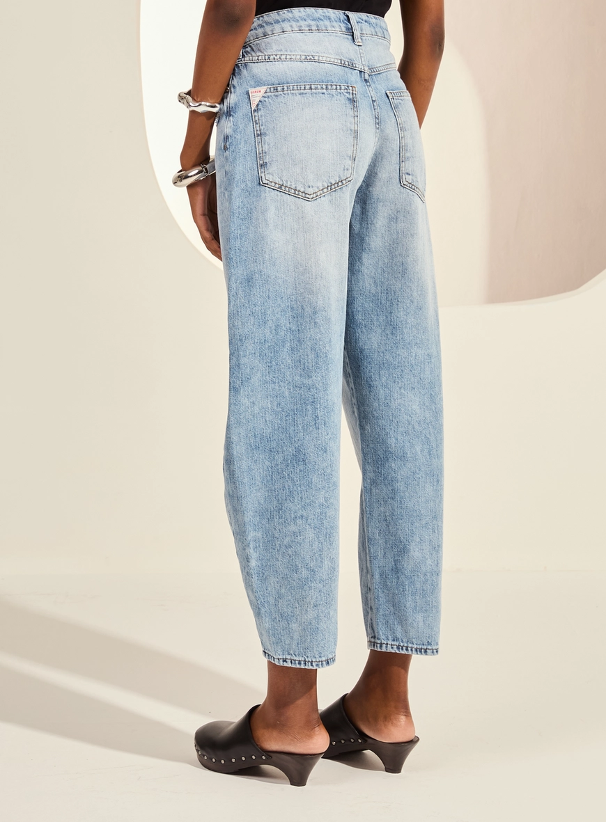 Calça Jeans Barrel Cropped Cintura Média Feminina Índigo