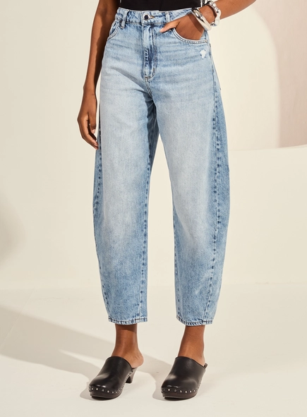 Calça Jeans Barrel Cropped Cintura Média Feminina