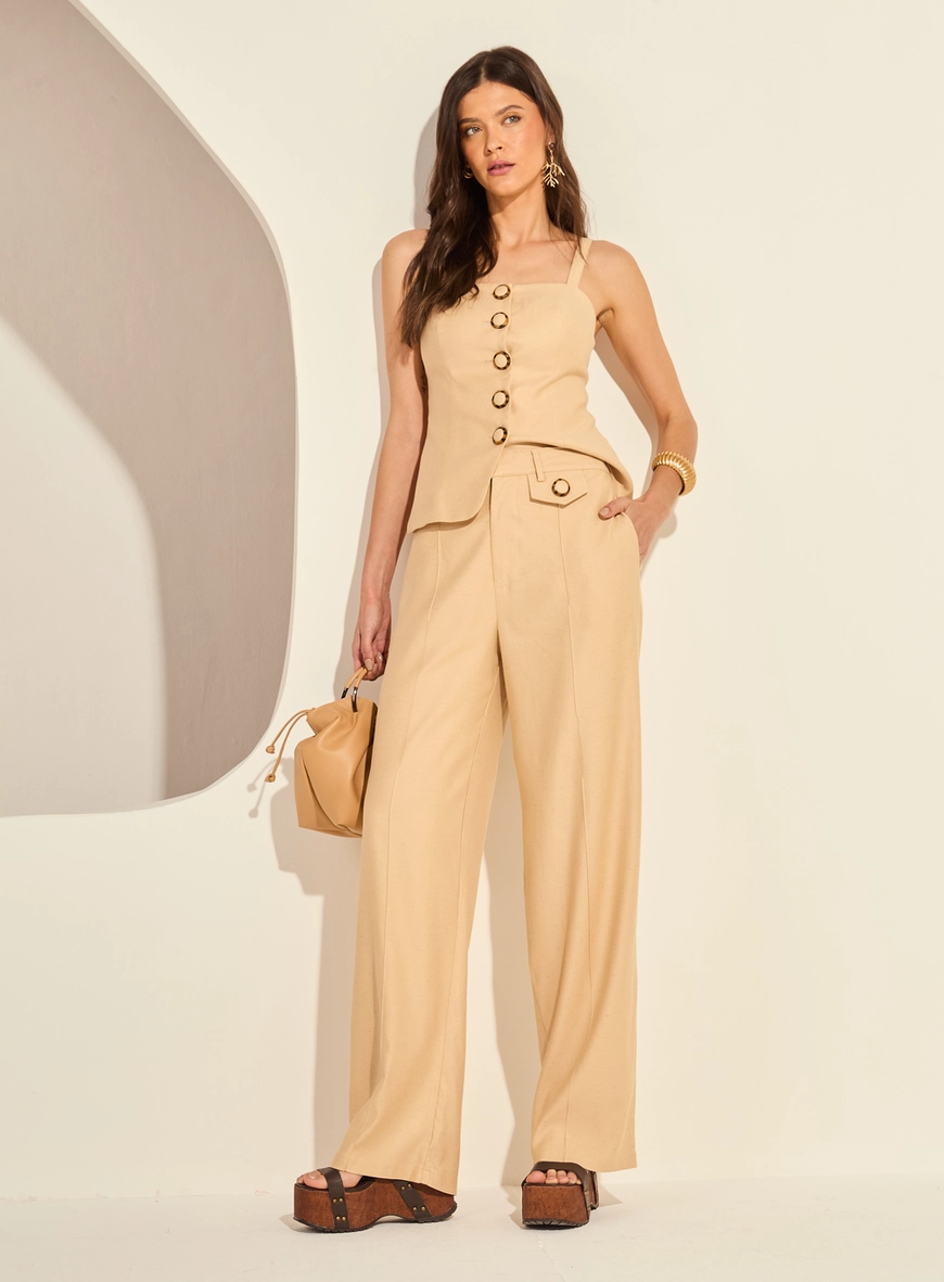 Calça Feminina Reta Slim Com Nervura Frontais Bege