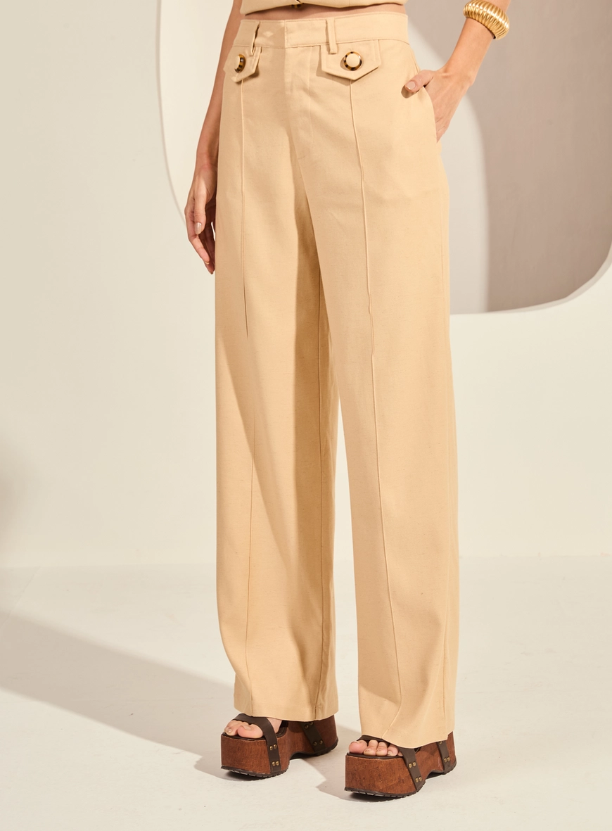 Calça Feminina Reta Slim Com Nervura Frontais Bege