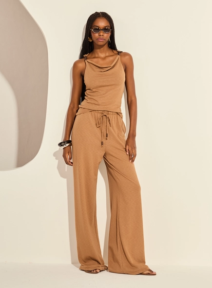 Calça Feminina Pantalona De Malha Cintura Média
