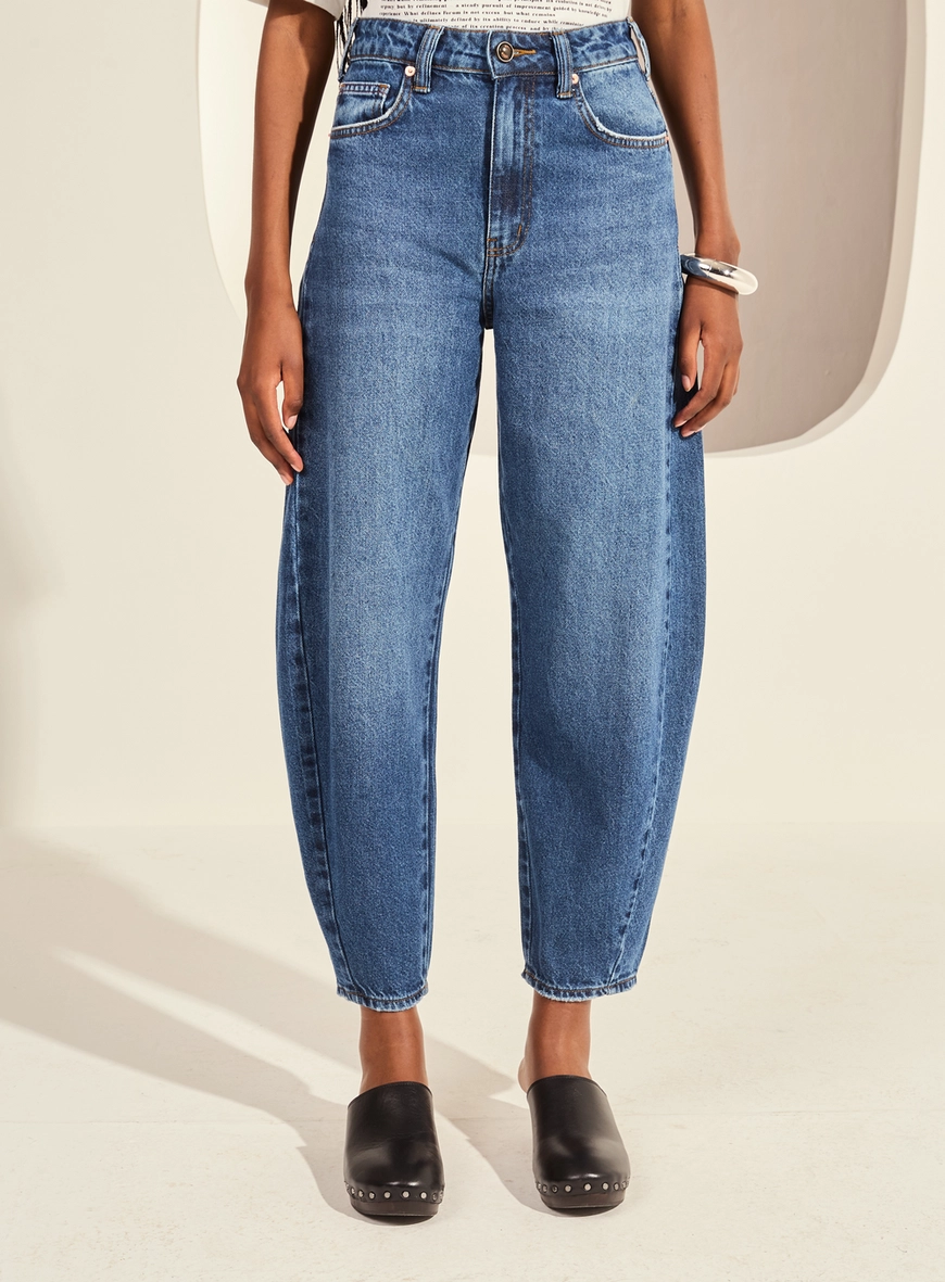 Calça Jeans Barrel Cropped Cintura Alta Feminina Índigo