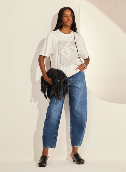Calça Jeans Barrel Cropped Cintura Alta Feminina