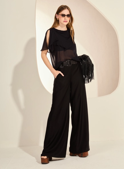 Calça Pantalona Ampla Reta Cós Com Elástico