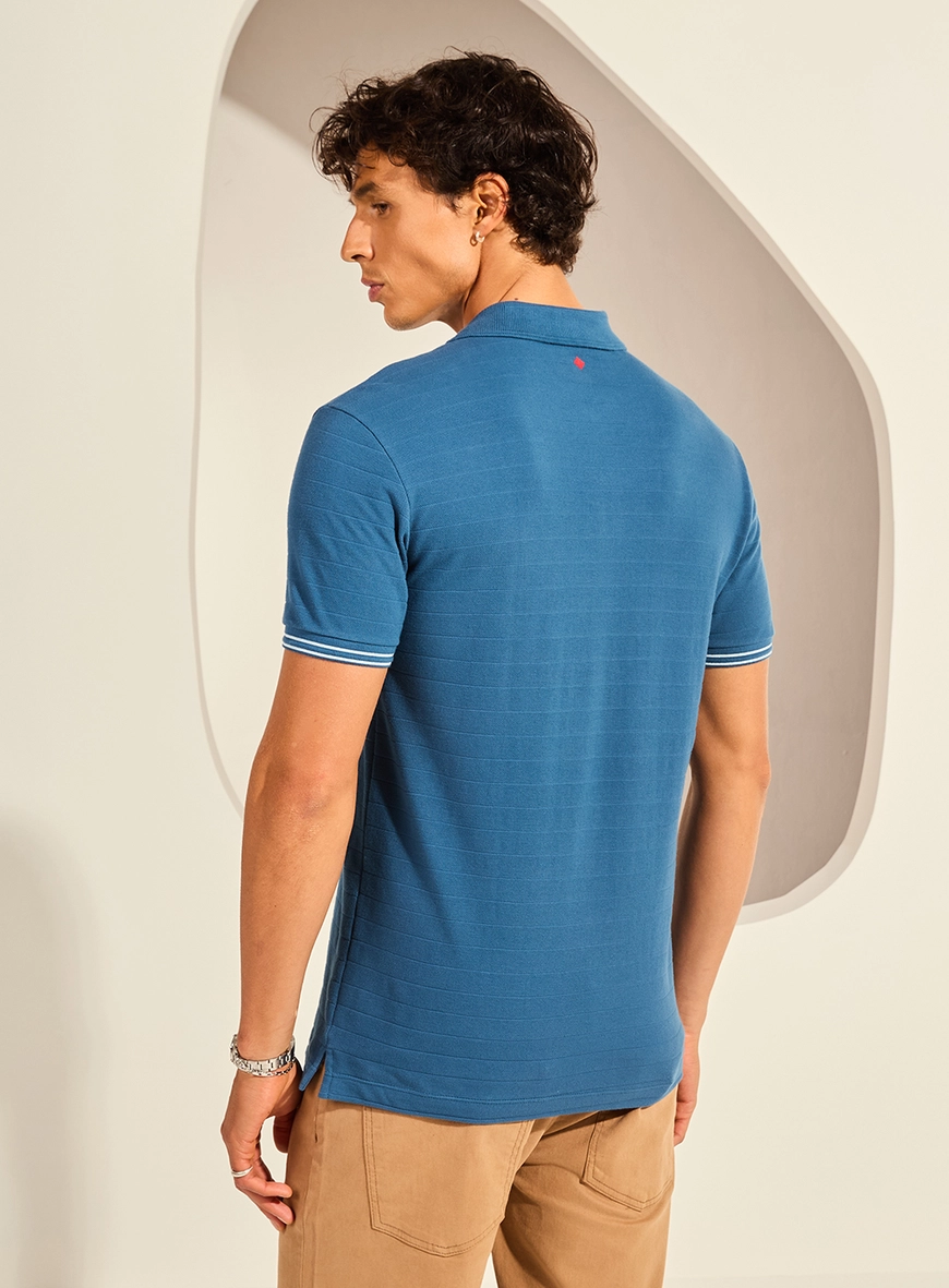 Polo Piquet Muscle Malha Texturizada Com Listras Azul