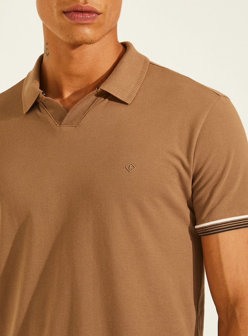 Polo Piquet Muscle Gola Cubana Jacquard Marrom
