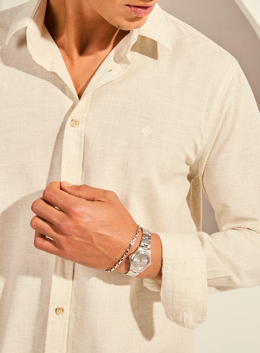 Camisa Relax Manga Longa Masculina Com Bordado Bege
