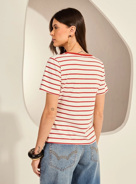 Camiseta Reta Slim Decote V Listrada Feminina