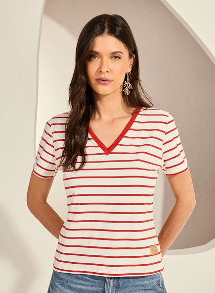 Camiseta Reta Slim Decote V Listrada Feminina