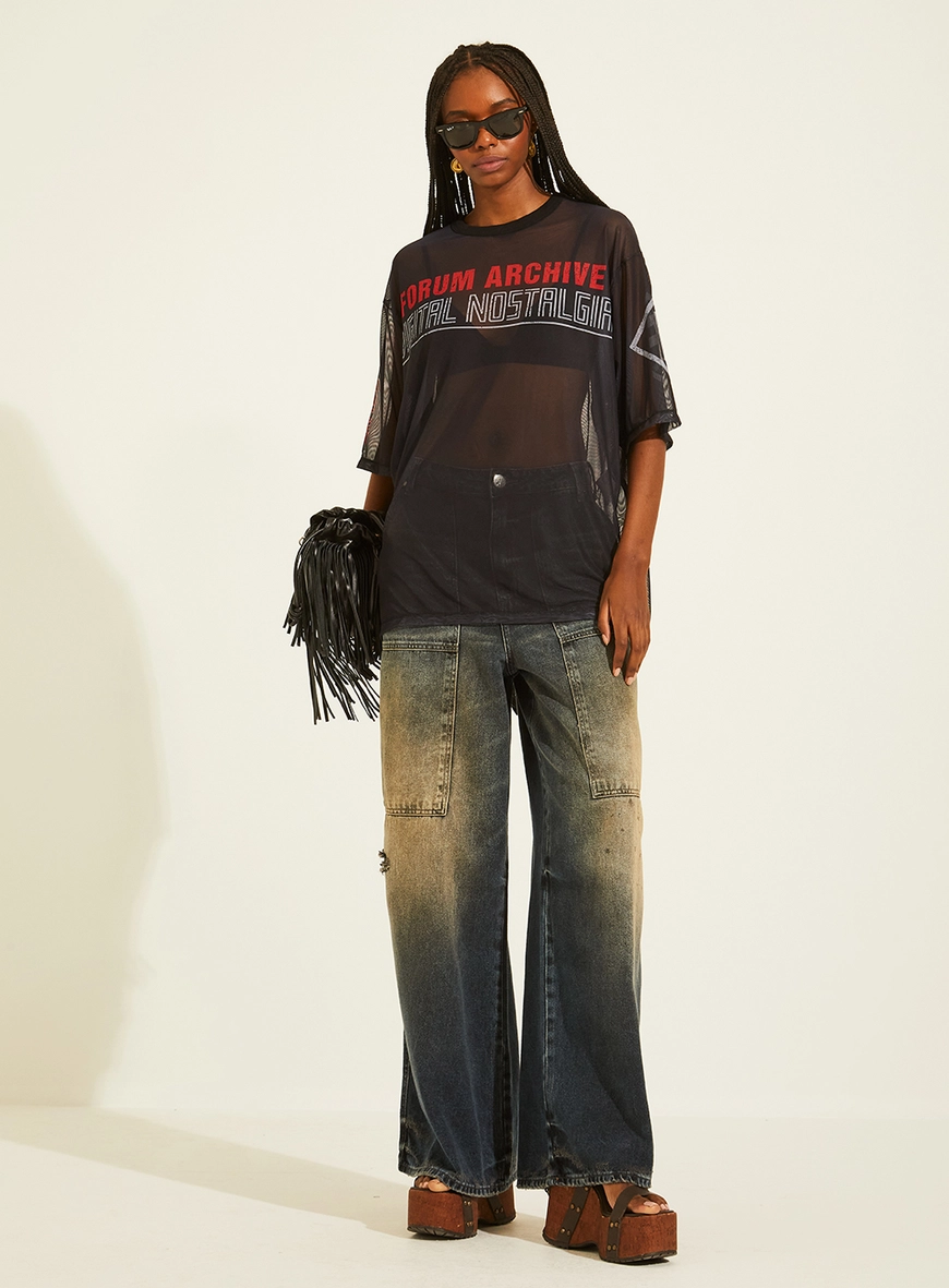 Camiseta Loose Ampla Transparência Vintage Preto