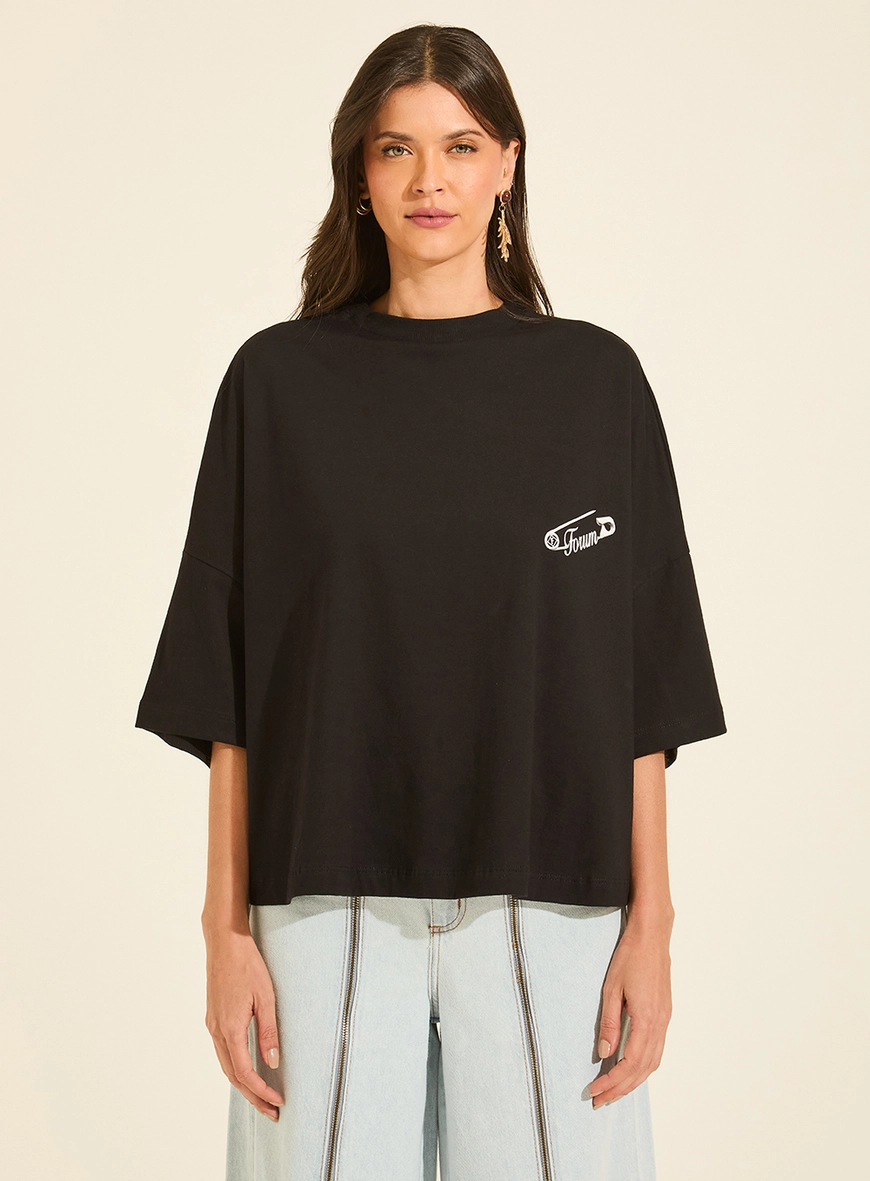 Camiseta Box New De Malha Com Mangas Oversized Preto