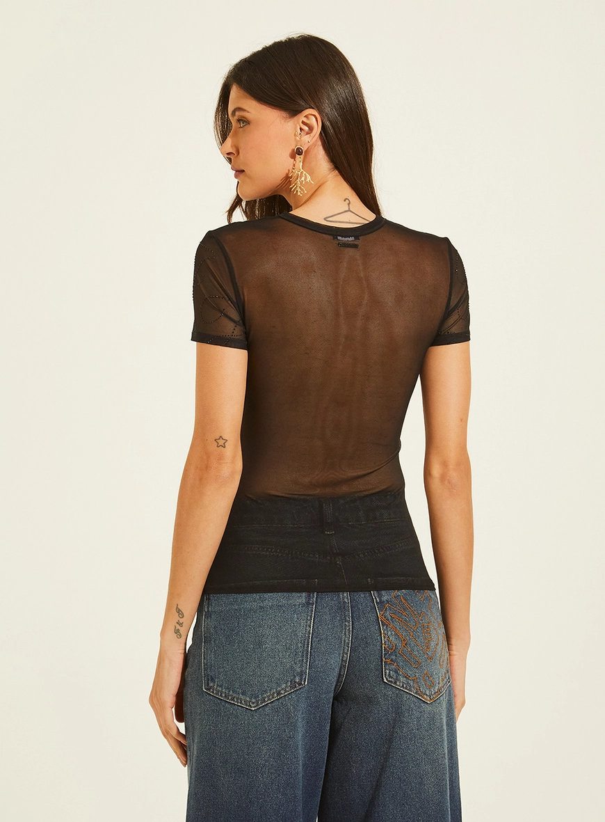 Camiseta Tule Justa Com Aplicações Preto